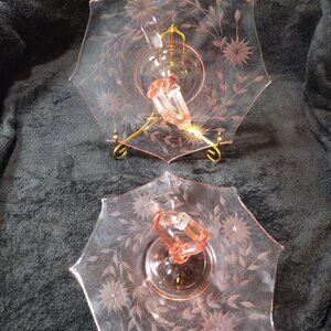 Vintage Pink Depression Glass Sandwich Trays – Set of 2 Floral Etched Serving